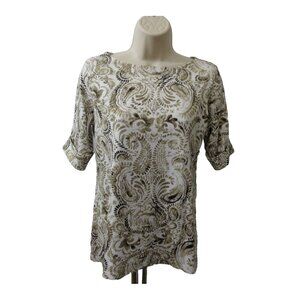 Karen Scott Top Size XS Brown White Paisley Boat Neck Cuffed Short Sleeve Shirt
